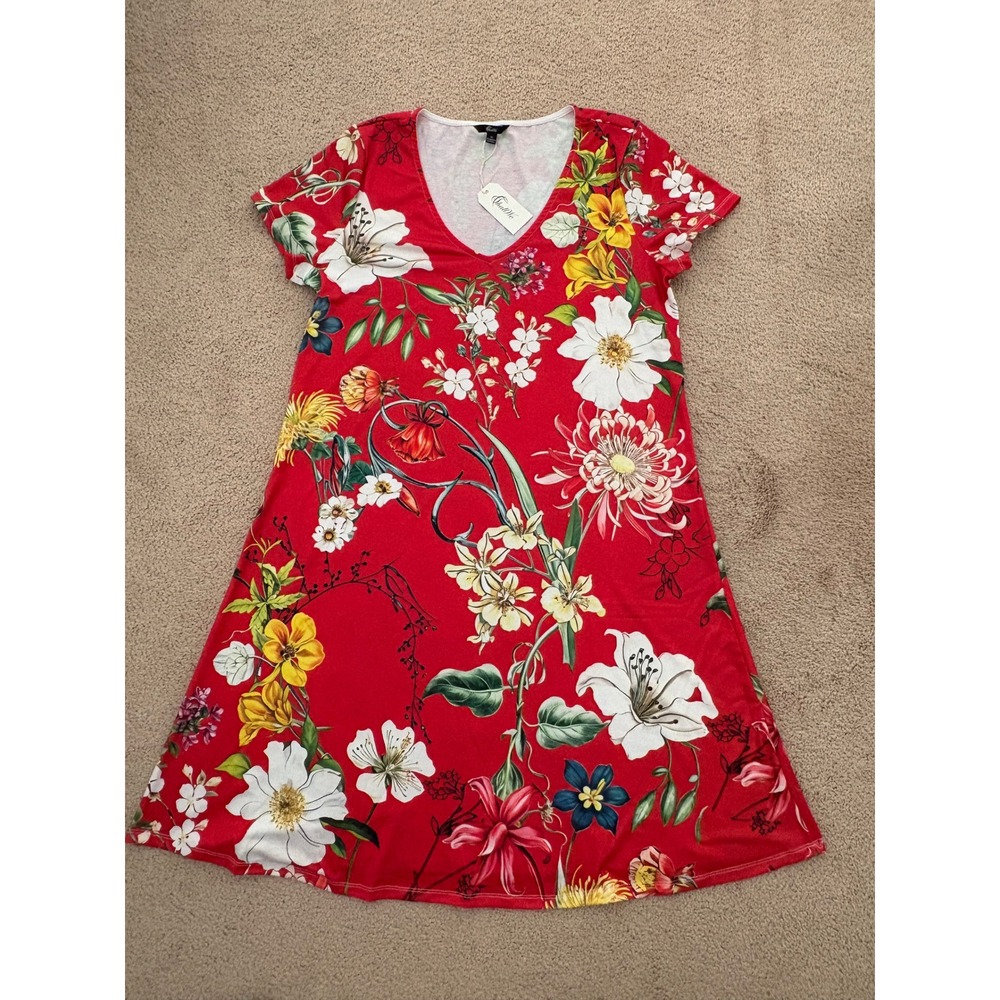New! ShallWe Women Dress XL Red Floral V-Neck‎ Short Sleeve Tropical Comfort